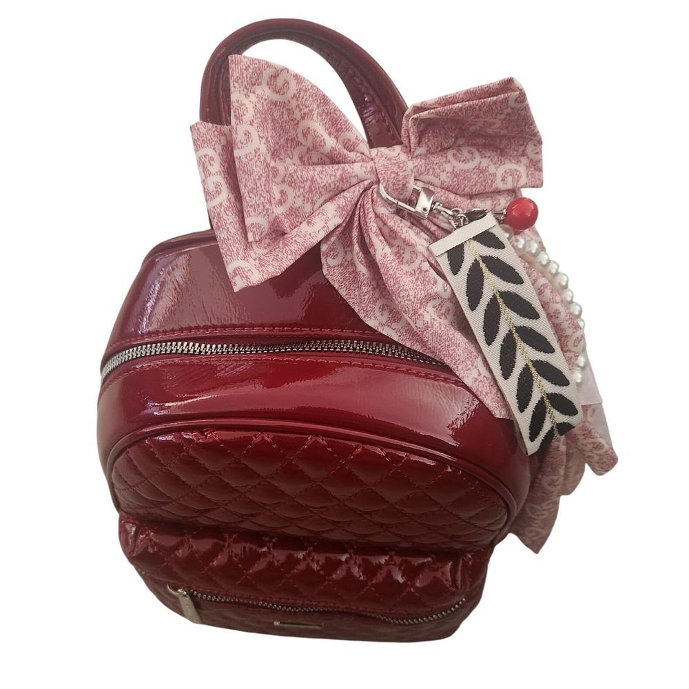 David Jones Paris Dark Red Patent Quilted Mini Backpack 6650-4 NWT‎ Bow Charm